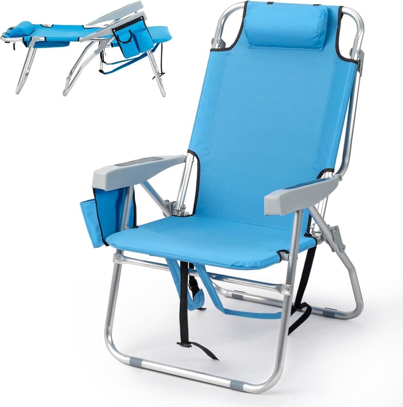 Outvita Backpack Beach Chair, 5 Level Adjustable Positions Beach Chair with Back Storage Bag, Cooler Pouch and Side Bags for Beach Poolside Lawn