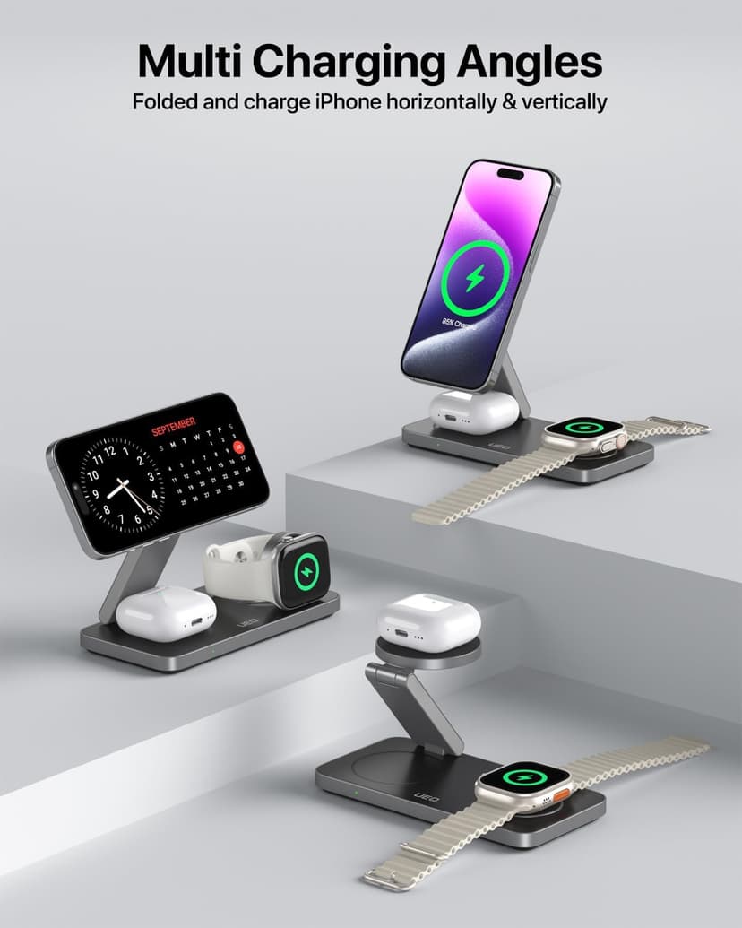 UEQ Foldable 3 in 1 Wireless Charging Station for Apple Magsafe Charger Stand,Fast Magnetic Wireless Charger Station for iPhone 17 Air 16 15 14 13 12 Series,Airpods Pro,Apple Watch Ultra (Pure Black)