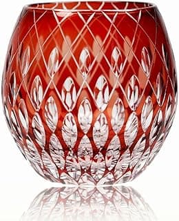 EDO Kiriko Whiskey Glasses Japanese Style 11OZ Unique Shape Colored Hand Carved Glass Tumbler for Bourbon Lovers - Style Glassware for Rum - Rocks Glass in Gift Box (Red)