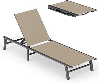 Ciokea Foldable Outdoor Lounge Chair, No Assembly Patio Chaise Lounge Outdoor with 5-Positions, Aluminum Pool Lounge Chair with Portable Design for Pool, Beach, Deck, Backyard, Khaki