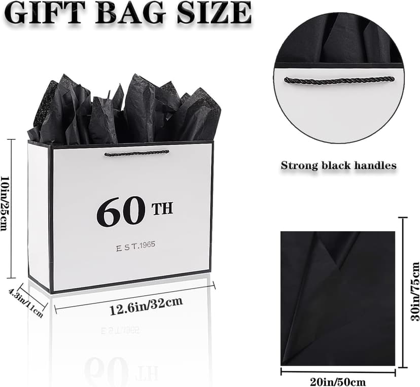 Jaywayang 60th Birthday White and Black Large Gift Bag with Card and Tissue Paper, Metallic Printing Keepsake Gift Vintage Bag for Men Women, 1965 Mom Dad 60 Year Old Party Paper Bag for Gifts Wrapping, Anniversary.