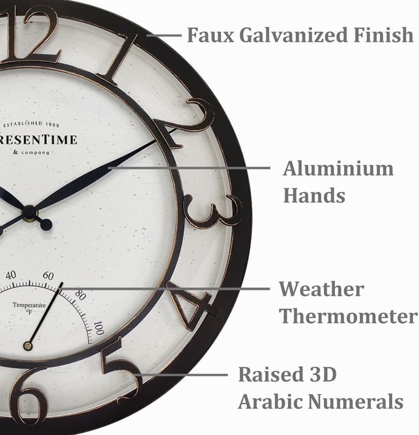 Presentime & Co 13" Farmhouse Outdoor Wall Clock w/Outdoor Thermometer, Cottage Style, Raised 3D Arabic Numerals, Oil Rubbed Bronze Finish (Wall Clock for Patio, Cottage, Poolside, Garden Spaces)