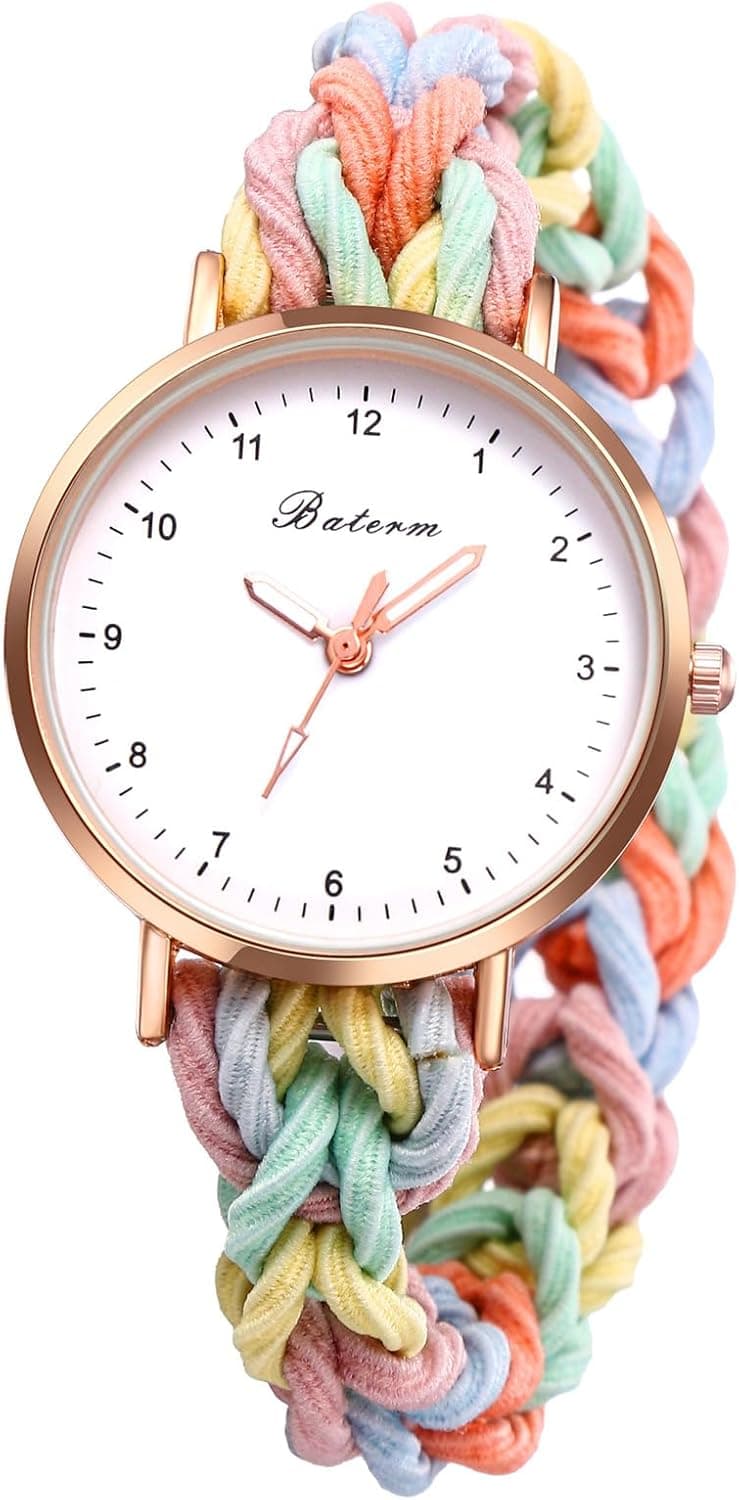 JewelryWe Womens Stretch Band Watches: Analog Quartz Elastic Watch Colorful Weave Rope Expansion Band Wristwatch for Valentine's Day