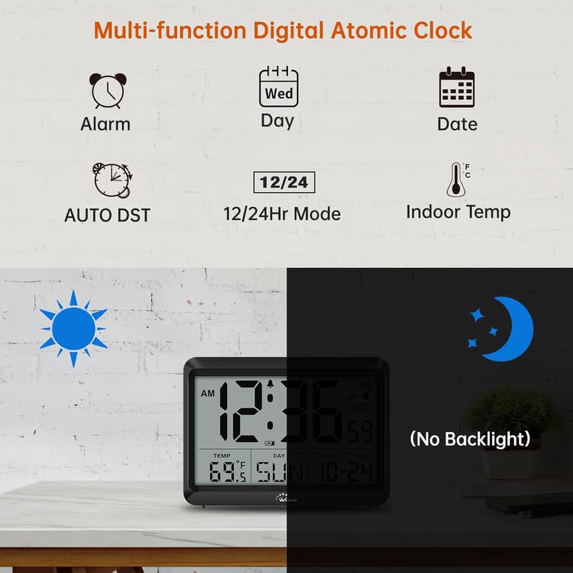 WallarGe Atomic Digital Wall Clock Battery Operated, Self-Setting, Large Display with Temperature, Date, Day of The Week, Silent Wall Mount Digital Clock, 4 Time Zones, DST