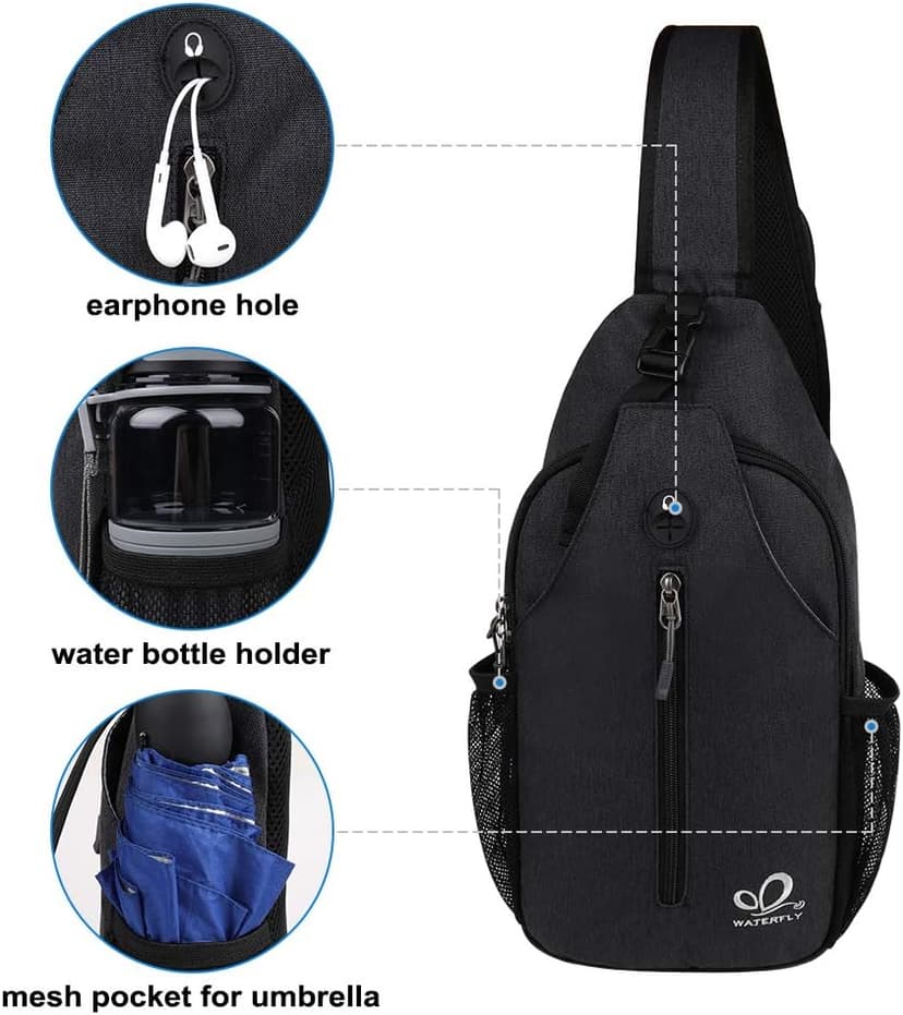 WATERFLY Crossbody Sling Backpack Sling Bag Travel Hiking Chest Bag Daypack (Black)