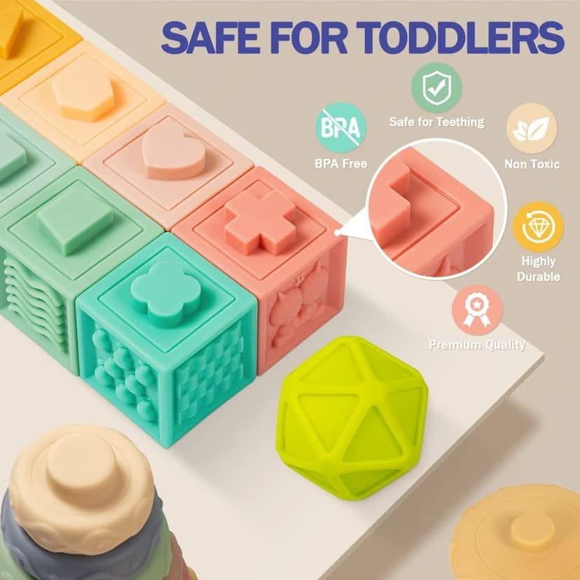 Jyusmile Baby Toys 6-12 Months, Montessori Toy for Babies 6-12 Months, Incl Stacking Building Blocks & Soft Infant Teething Toys & Sensory Balls for Toddlers 0-3-6-9-12 Month B0B2P5GK1Y
