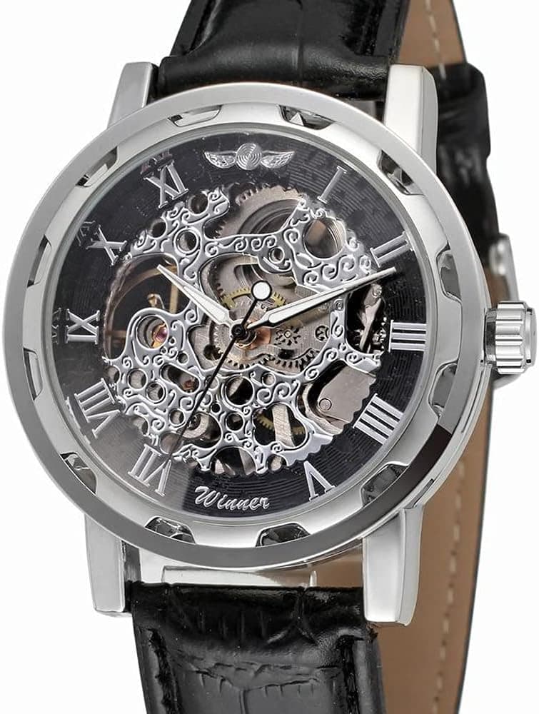 Weicam Men's Fashion Mechanical Wristwatch Transparent Dial with Skeleton Design Leather Band Automatic Manual-Winding Watch
