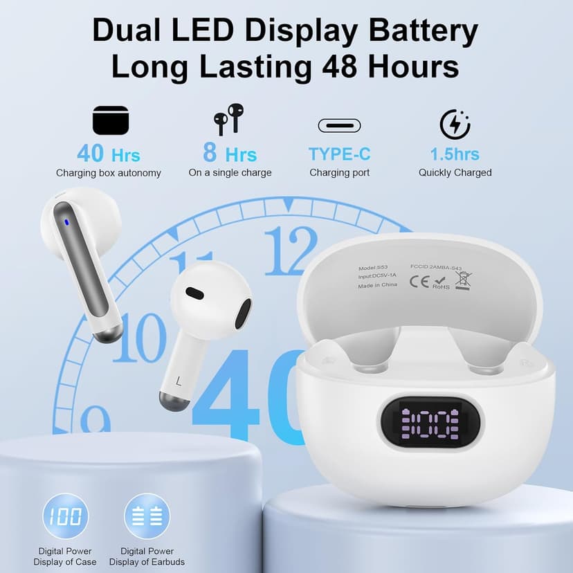 Wireless Earbuds Bluetooth Ear Buds for iPhone 17 16 Pro Max 16e 16 Plus 16 15 Pro Max 15, V5.3 48H Wireless Headphones with LED Display Charging Case IPX7 Waterproof Earphones for Samsung A16 A36 S25