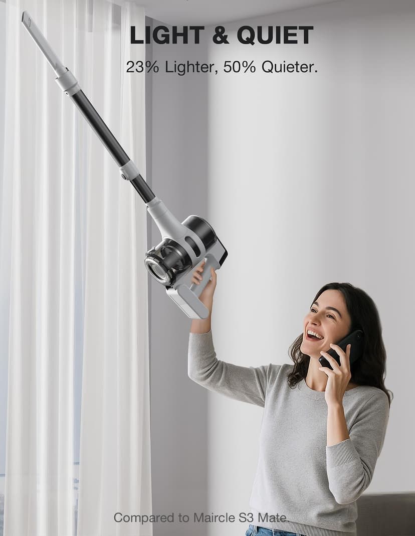 Maircle Cordless Stick Vacuum Cleaner for Home, Lightweight Rechargeable Vacuum with 55min Runtime, Powerful Suction, Green LED Headlight, 9-in-1 Pet Hair Carpet & Hardwood Floor Cleaner