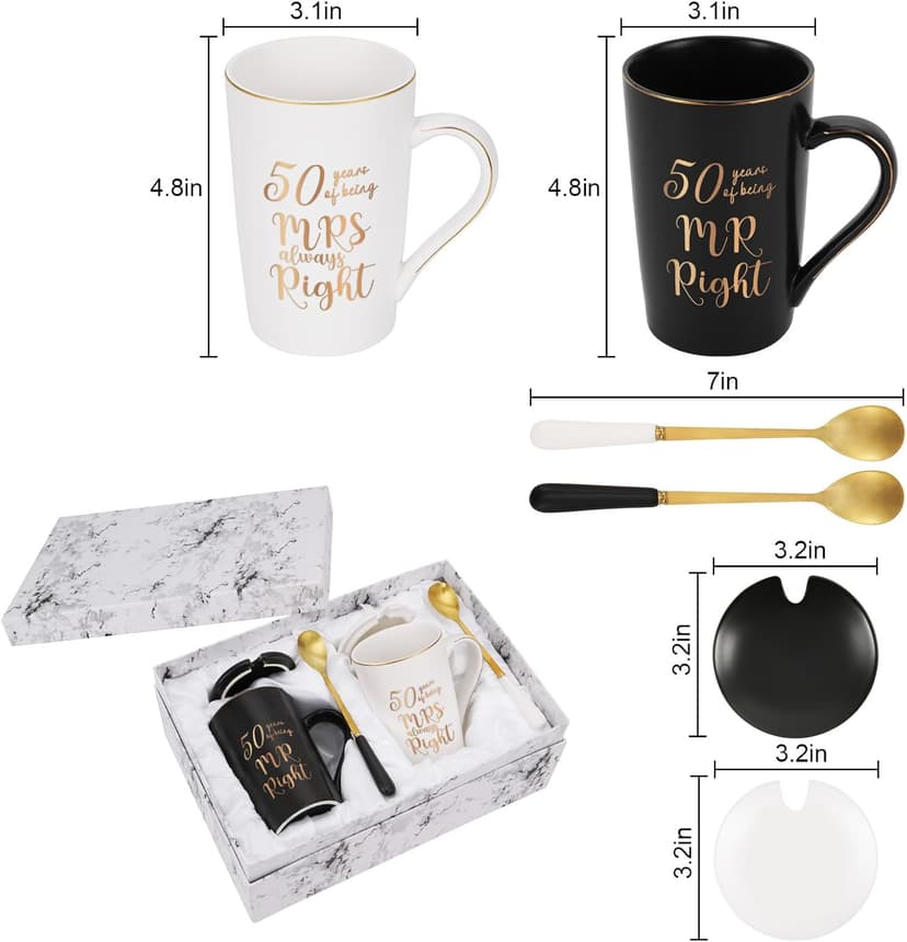 YHRJWN - 50th Wedding Gifts, 50 Years of Being Mr & Mrs Always Right Mug Set, Wedding Gifts Ideas for Parents Couple, 14 Oz with Lids and Gift Box