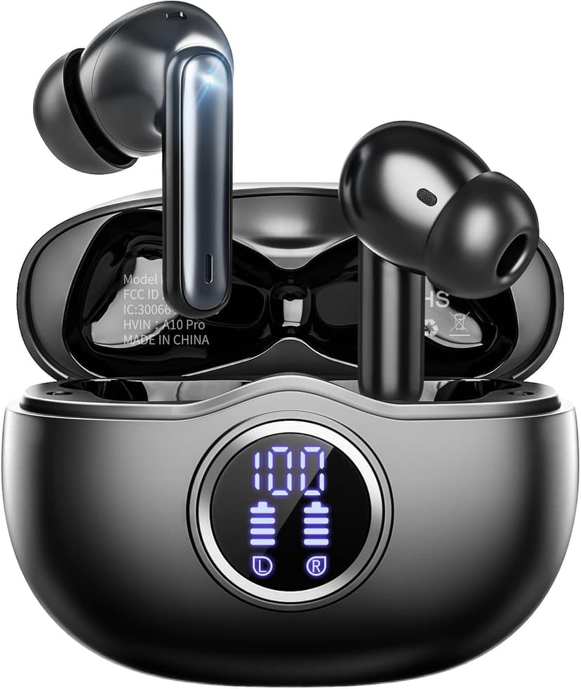 Fhumsh A10 Pro Wireless Earbuds, Bluetooth 5.3 Headphones HiFi Stereo 50H Playback LED Digital Display Ear Buds with ENC Noise Canceling Headset, IPX7 Waterproof Earphones for Gym/Running/Work, Black