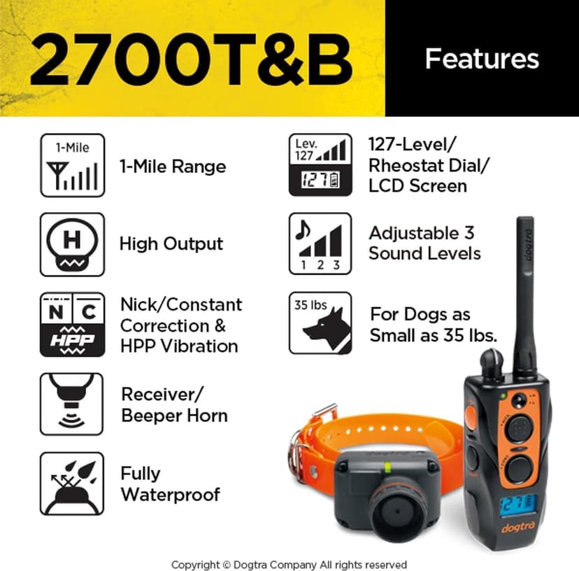 Dogtra 2700T&B Long Range 1-Mile 1-Dog Training & Beeper Remote Dog Training E-Collar for Upland Gun Dog