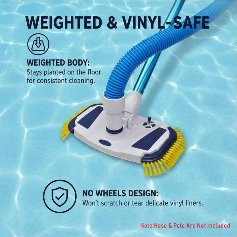 ProMotus Weighted Pool Vacuum Head, Vinyl-Safe No Wheels Manual Cleaner with Air Relief Valves，Multi-Directional Brushes for Above Ground & Inground Pools, Universal Fit for 1-1/4" & 1-1/2" Hoses
