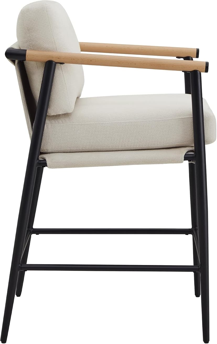 Watson & Whitely Mid Century Modern Barstools Set of 2, 26" H Upholstered Counter Height Bar Stools with Wood Armrests and Metal Legs, Fabric in Beige