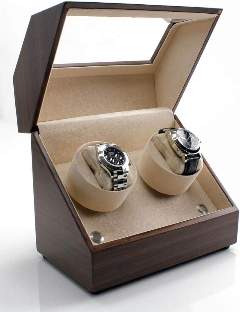 Heiden Double Watch Winder in Walnut - Automatic Watch Window for 2 Watches - Japanese Motor - Zero Magenetization - Use Batteries or Adapter Dual Watch Winder for Automatic Watches for Rolex