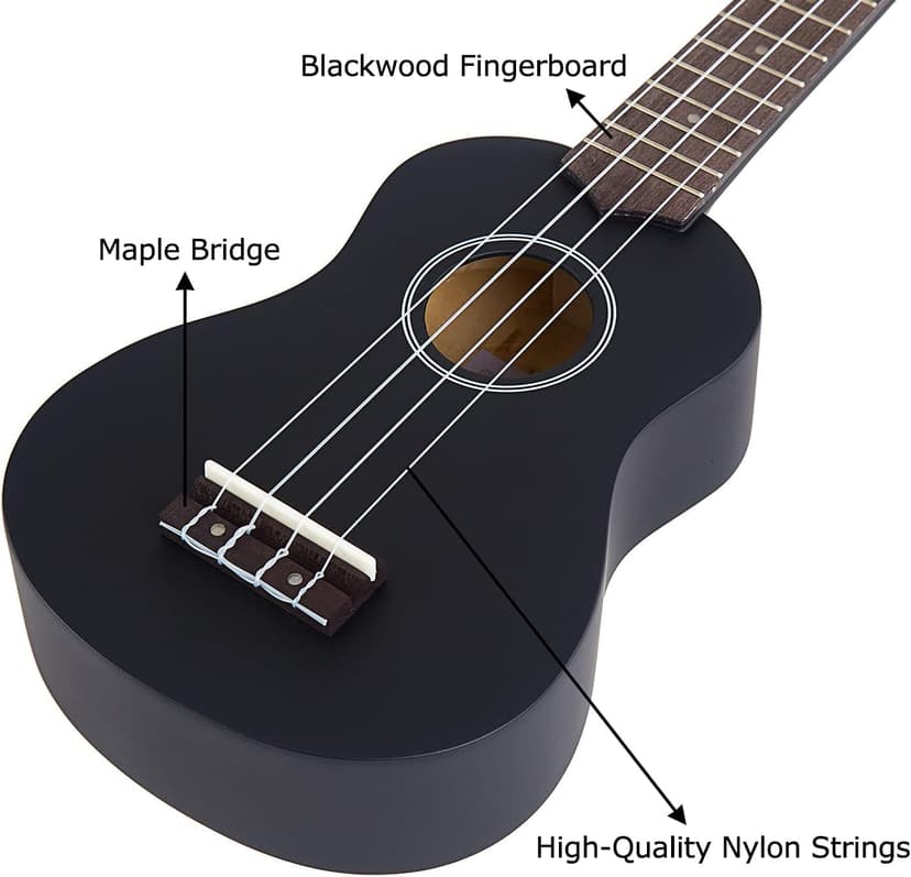 iECO Soprano Ukulele Beginner Kit Adults 21 Inch Ukelele w/Case Strap Tuner Strings Picks (Black)