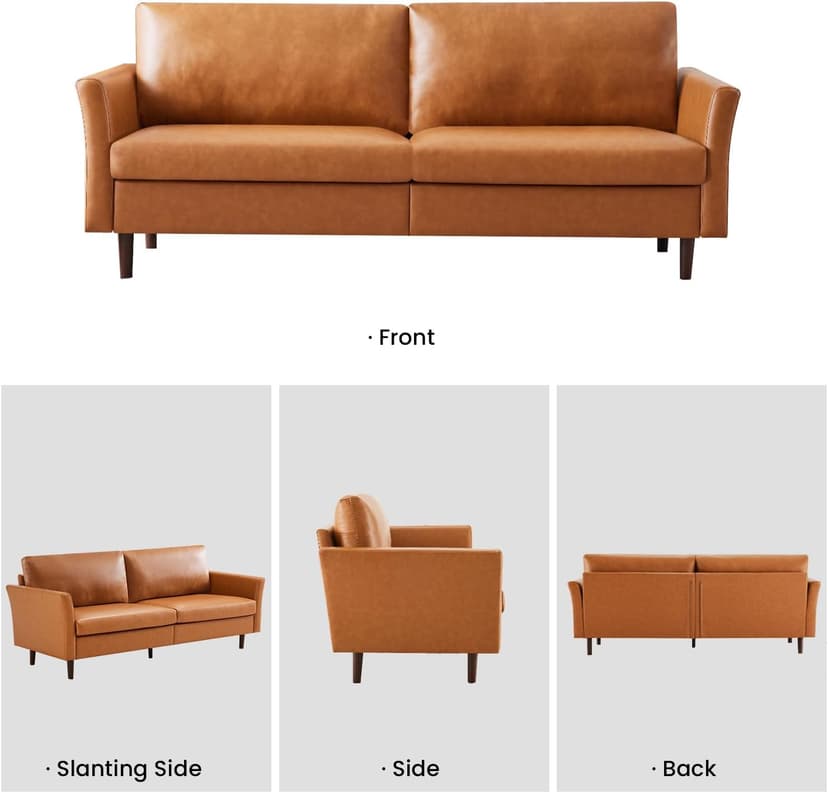 Kingfun Faux Leather 3 Seat Couch for Living Room, Mid Century Modern Sofa with Rolled Arms and Deep Seats, Fluffy Comfort for Apartment, Easy to Assemble, Chestnut
