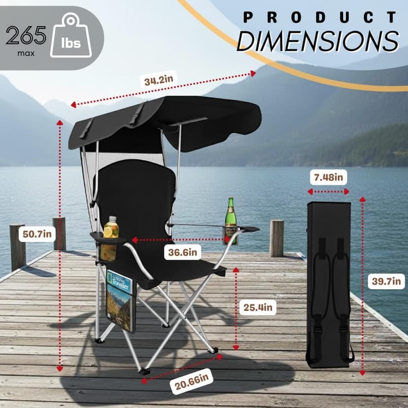 Portable Folding Camping Chairs with Canopy Shade, Beach Chair for Adults, Durable Weather Resistant 600D Oxford Cloth, Camping Chair with Canopy for Outdoors [Black]