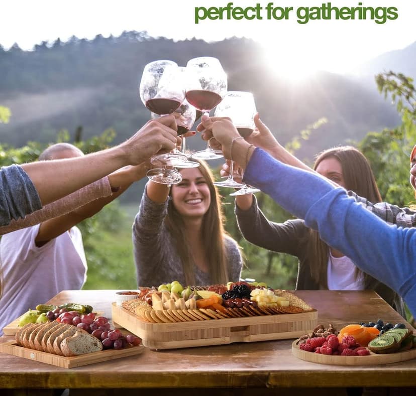 Complete Serving Set with Utensils & Trays, Entertaining, House Warming, Wedding, Bridal Shower & Birthday Gift for Women Bamboo Charcuterie Board Set, Large Cheese Board 3-Drawer with Accessories B0BKLRWSZW