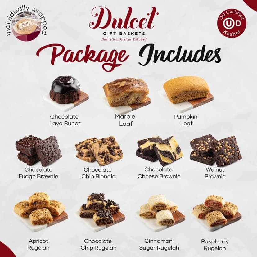 Dulcet Gift Basket - Beautiful Designed Box with Magnetic Closing Clasp - Gift Basket with Freshly Baked Gourmet Goods Each Individually Wrapped - Personalized Notes Included.