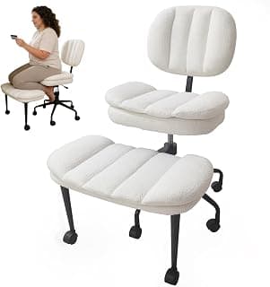 Criss Cross Chair with Footrest, 360° Swivel Faux Shearling Office Chair, Extra Wide Seat with Sofa-Like Comfort, Ergonomic Cross Legged Desk Chair for Cozy Reading, Meditation