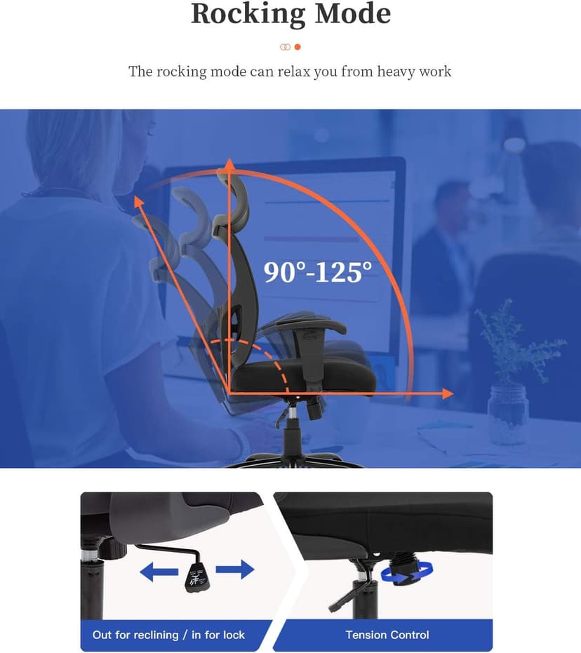 Big and Tall Office Chair Ergonomic Chair 400lbs Wide Seat Executive Desk Chair with Lumbar Support Adjustable Armrest Headrest High Back Mesh Computer Chair Rolling Swivel Task Chair(Black)
