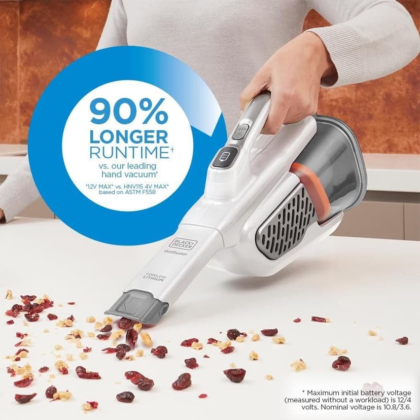 BLACK+DECKER Dust Buster Hand Held Vacuum Cordless Rechargeable, Portable Vacuum for Car, Extended Runtime, Powerful Suction, Extra Long Crevice Tool, AdvancedClean+ (HHVK320J10)