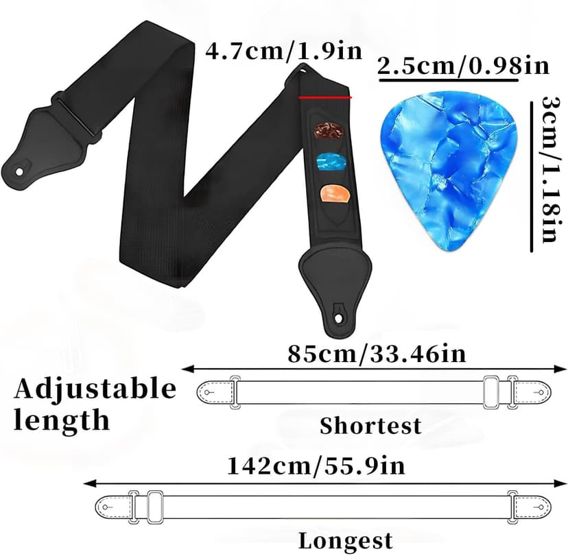 Qiifaiikooii Guitar Strap With 3 Pick Holders,6 Pcs Picks Guitar Accessories,Easy to Install(Black)