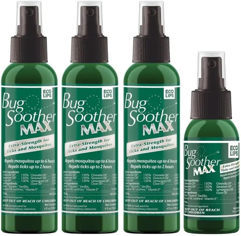 Bug Soother® MAX Natural Tick & Mosquito Repellent Spray – DEET-Free Extra Strength Outdoor Bug Protection, Plant-Based Formula – Made in USA (3ct 4 oz Bottles + 1 oz Bonus)