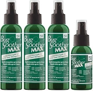 Bug Soother® MAX Natural Tick & Mosquito Repellent Spray – DEET-Free Extra Strength Outdoor Bug Protection, Plant-Based Formula – Made in USA (3ct 4 oz Bottles + 1 oz Bonus)