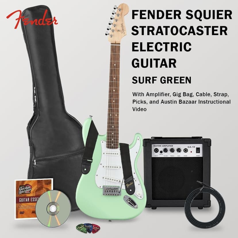 Fender Squier Stratocaster Electric Guitar - Surf Green Bundle with Amplifier, Gig Bag, Cable, Strap, Picks, and Austin Bazaar Instructional Video