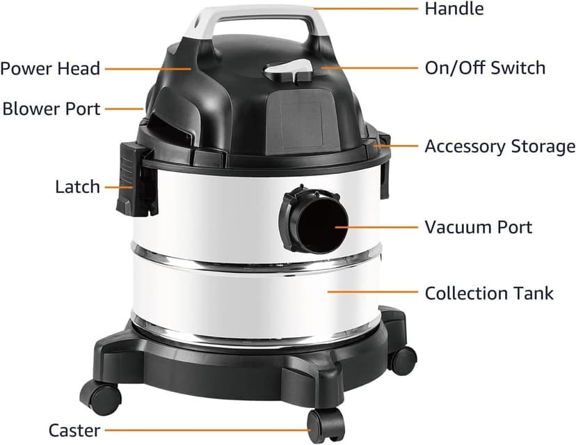 Amazon Basics Wet Dry Vacuum Cleaner, 4 gallon Shop, 3 HP Stainless Steel, Grey/Black