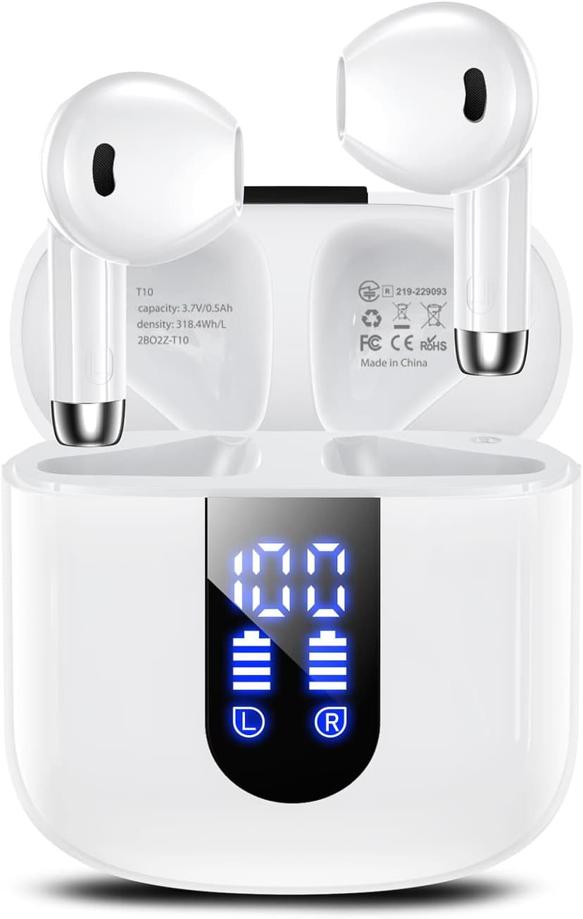Haqquio Wireless Earbuds, Bluetooth Headphones with Deep Bass Stereo, 48H Playback Ear Buds with LED Power Display, Lightweight, IPX7, in-Ear Earphones with Mic for iPhone/Android/iPad, White