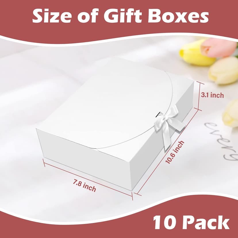 10 PCS Gift Boxes with Lids, 10.6x7.8x3.1 Inch Kraft Paper Gift Box, White with Ribbon, Bridesmaid Proposal Box for Wedding, Packaging, Present, Birthday, Cupcake