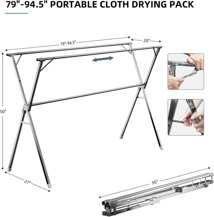 Unkqan Clothes Drying Rack,Heavy Duty Stainless Steel Garment Rack,Adjustable and Foldable Laundry Drying Rack for Indoor Outdoor Drying Rack Clothing with 20 Windproof Hooks (Silver, 79")