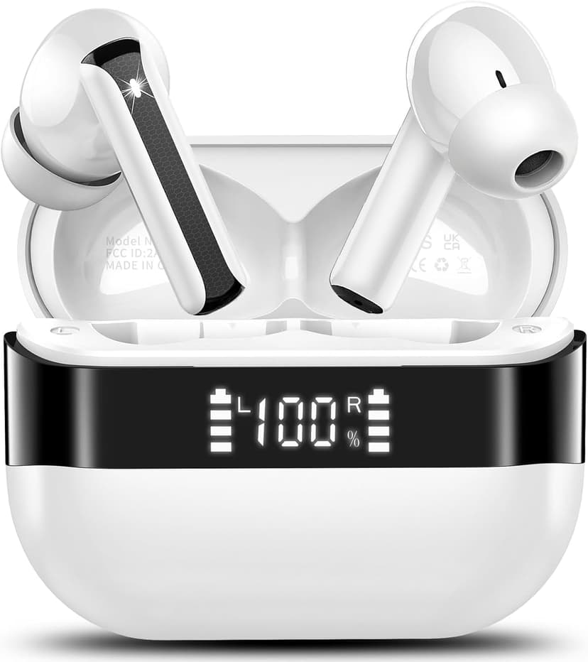 Wireless Earbuds, Bluetooth 5.4 Headphones HiFi Stereo, Bluetooth Earbuds with 4 ENC Mics, 48H Playtime Ear buds with LED Display Charging Case, IP7 Waterproof In Ear Earphones for Android iOS White