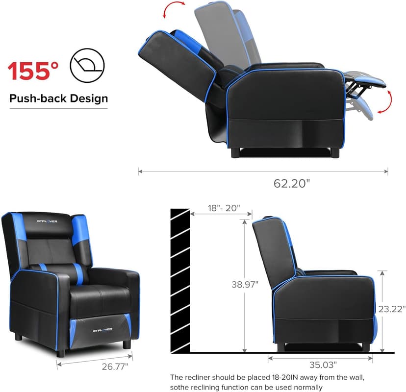 GTPLAYER Gaming Recliner Chair for Living Room Racing Style Single PU Leather Gaming Sofa for Adults Modern Game Recliners Ergonomic Comfortable Home Theater Seating, Blue