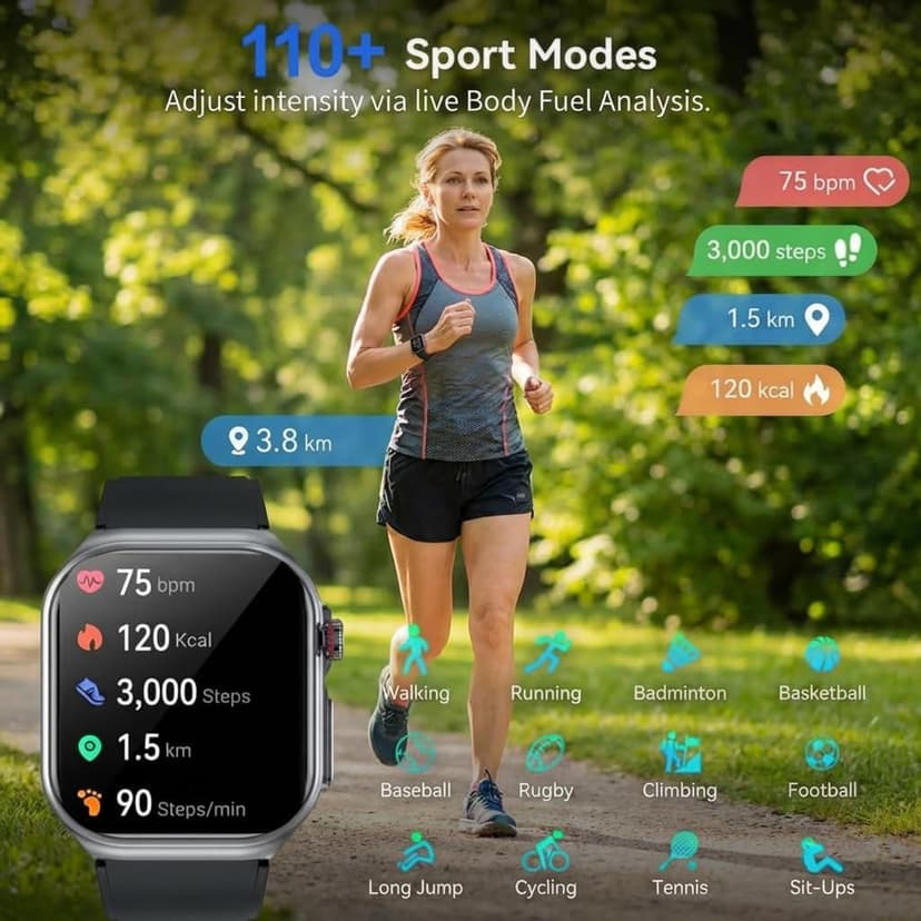 Health Smart Watches for Men Women - 1.87'' Large Display Fitness Trackers Watch with Heart Rate, Blood Pressure, Blood Oxygen, Sleep & Stress Track, 110+ Sports Modes, IP68 Waterproof Watch,Black