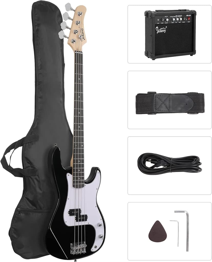 GLARRY Full Size Electric Bass Guitar Beginner Kit 4 String Exquisite Basswood Bass with 20W AMP, Cable, Strap, Bag and Accessories (Black, 39"Right Handed)