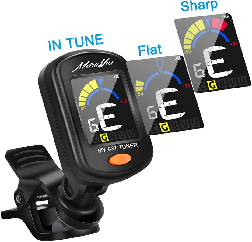 MOREYES Rechargeable Guitar Tuner Clip On with 28Pcs Guitar Picks, Guitar Tuner for Acoustic Guitar, Electric Guitar, Bass, Ukulele & Chromatic Tuning Modes, Full Color Display
