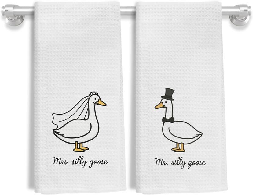 Funny Mr and Mrs Silly Goose Kitchen Towels, Wedding Gifts for Couples Newlyweds Dish Tea Towels for Kitchen Decor, Just Married Gifts Decorative Hand Towels for Bathroom, 16x24 Inch Set of 2 B0F53MV9ZY