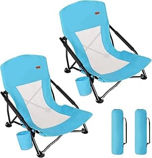 TOBTOS Low Beach Chair for Adults 2 Pack, Low Profile Folding with Cup Holder & Carry Bag, Heavy Duty Chair for Outdoor Sand, Camping, Concert, Travel