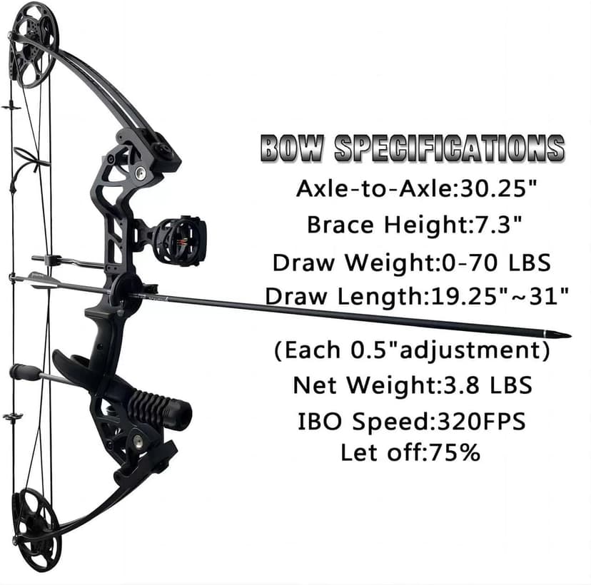 Compound Bow Draw Weight 0-70 Lbs for Pull Beginner and Intermediate Archer Fully Adjustable 19.25"-31" with All Accessories, up to IBO 320 fps,Package with Archery Hunting Equipment New 2024