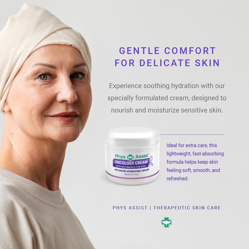 PhysAssist Oncology Cream 4 oz plus Lip Balm. Hydrates and Pampers Stressed skin. Made with a blend of natural Botanicals. Clinically Tested, Non Irritant.