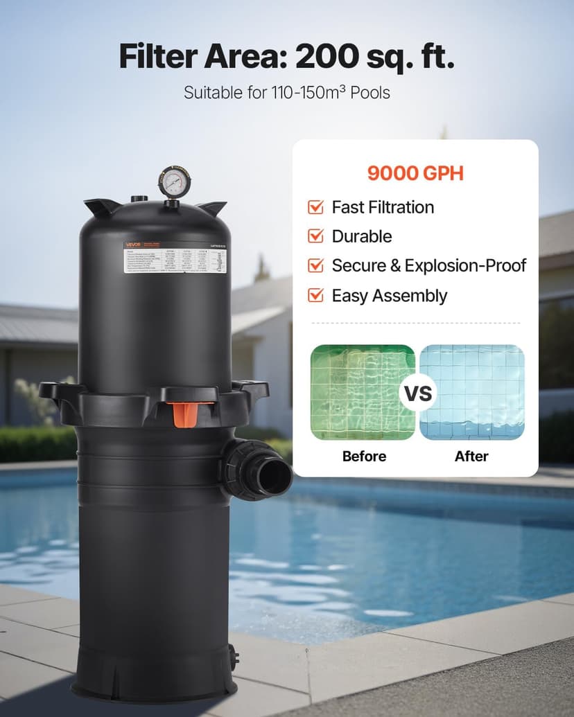VEVOR 2025 Pro Pool Cartridge Filter System 200 sqft, Pool Filter for Inground & Above Ground Pools, Compatible W/Pumps 3HP~4HP | Up to 9827 GPH Max Flow, Pool Filters for Pools Up to 39625 Gallons