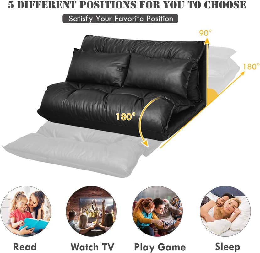 Giantex Convertible Sofa Bed, Floor Couch with 2 Pillows, PU Leather Loveseat Recliner, Folding Lazy Sleeper Sofa, 5 Position, Video Gaming Sofa Mattress for Reading Living Room Bedroom