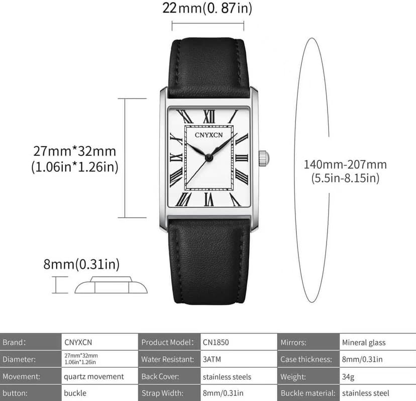 CNYXCN Business Watches for Men,Minimalist Simple Wrist Watch Analog Quartz-Rectangle Roman Numerals Dial,Comfortable Leather Strap,Waterproof