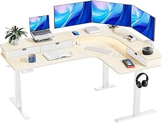 HUANUO 65″ L-Shaped Standing Desk with Power Outlets & LED Strip, Electric Height Adjustable Corner Computer Desk, Sit Stand Up Desk with 3 Drawers, Natural Wood