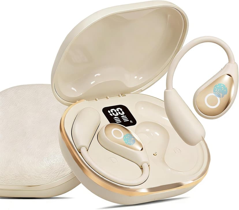 Open Ear Earbuds wireless bluetooth Headphones 5.4 Sports with Smart Digital Display,Clear Calls,50H Playtime,IPX4 Waterproof,Lightweight Over Ear Buds Design for Cycling, Running, Workout(Beige)