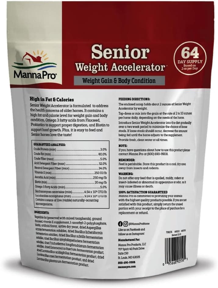 Manna Pro Weight Accelerator for Senior Horses – Weight Gain and Muscle Support Supplement with Omega 3 Fatty Acids and Flaxseed – High-Calorie Feed Topper for Horses – 8 lb Bag